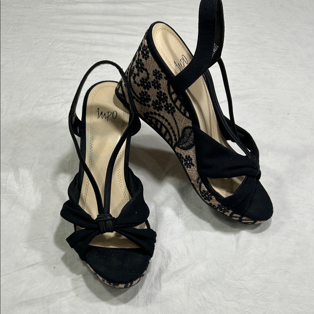 Impo Black and Beige Lace-Pattern Wedge Sandals